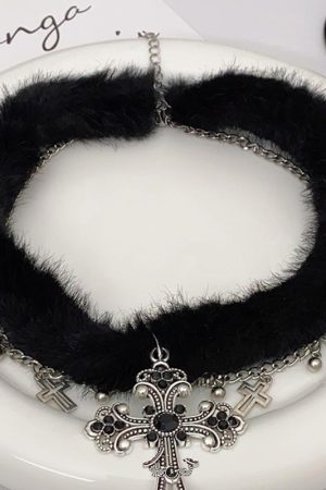 Black Plush Cross Necklace Y2K Gothic Choker Neck Chain for Girls | Subculture Collarbone Accessory