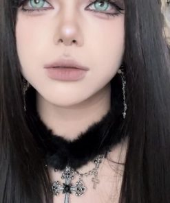 Black Plush Cross Necklace Y2K Gothic Choker Neck Chain for Girls | Subculture Collarbone Accessory