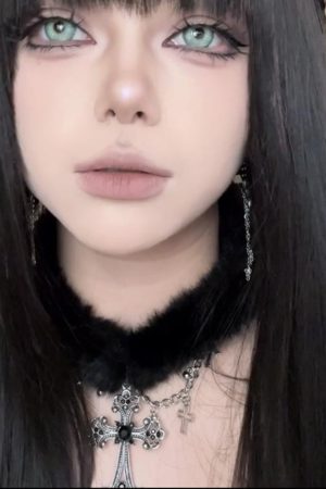 Black Plush Cross Necklace Y2K Gothic Choker Neck Chain for Girls | Subculture Collarbone Accessory