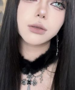 Black Plush Cross Necklace Y2K Gothic Choker Neck Chain for Girls | Subculture Collarbone Accessory