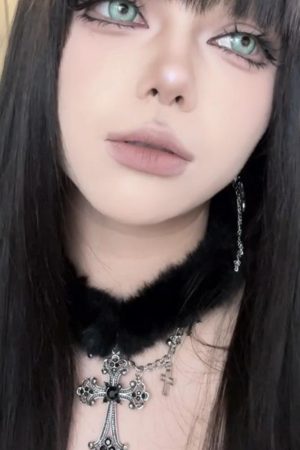 Black Plush Cross Necklace Y2K Gothic Choker Neck Chain for Girls | Subculture Collarbone Accessory