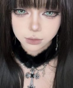 Black Plush Cross Necklace Y2K Gothic Choker Neck Chain for Girls | Subculture Collarbone Accessory