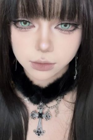 Black Plush Cross Necklace Y2K Gothic Choker Neck Chain for Girls | Subculture Collarbone Accessory