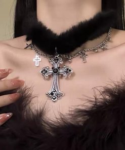 Black Plush Cross Necklace Y2K Gothic Choker Neck Chain for Girls | Subculture Collarbone Accessory