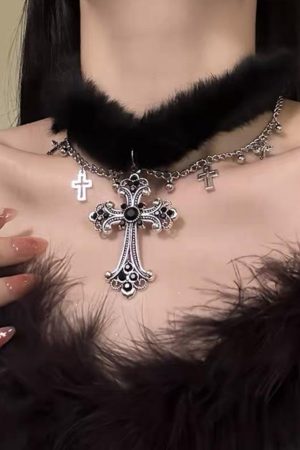 Black Plush Cross Necklace Y2K Gothic Choker Neck Chain for Girls | Subculture Collarbone Accessory