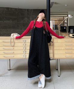 Black Polka Dot Suspender Pants for Women - 2025 Spring Korean Style Loose Casual Wide-Leg Jumpsuit