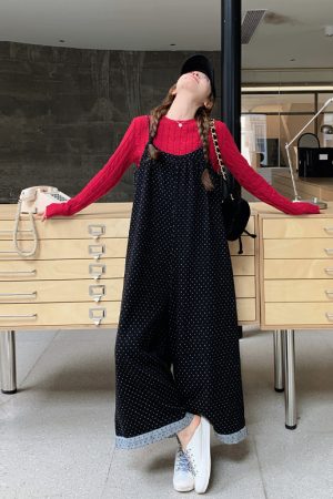 Black Polka Dot Suspender Pants for Women - 2025 Spring Korean Style Loose Casual Wide-Leg Jumpsuit