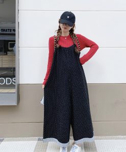 Black Polka Dot Suspender Pants for Women - 2025 Spring Korean Style Loose Casual Wide-Leg Jumpsuit