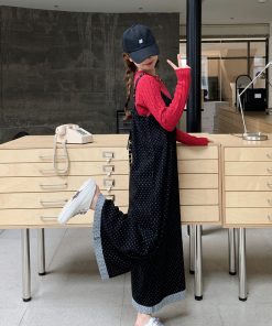Black Polka Dot Suspender Pants for Women - 2025 Spring Korean Style Loose Casual Wide-Leg Jumpsuit