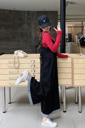 Black Polka Dot Suspender Pants for Women - 2025 Spring Korean Style Loose Casual Wide-Leg Jumpsuit