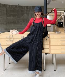 Black Polka Dot Suspender Pants for Women - 2025 Spring Korean Style Loose Casual Wide-Leg Jumpsuit