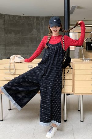 Black Polka Dot Suspender Pants for Women - 2025 Spring Korean Style Loose Casual Wide-Leg Jumpsuit