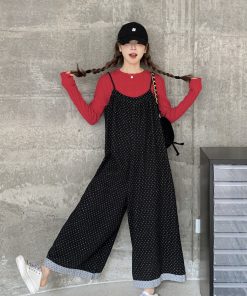 Black Polka Dot Suspender Pants for Women - 2025 Spring Korean Style Loose Casual Wide-Leg Jumpsuit