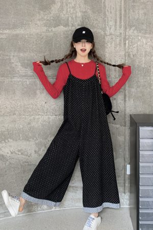Black Polka Dot Suspender Pants for Women - 2025 Spring Korean Style Loose Casual Wide-Leg Jumpsuit