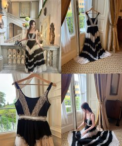 Black Ribbon Socialite Style Lace Splicing Dress - Women's Sling Dress in Light Luxury for Elegant Occasions