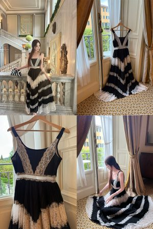 Black Ribbon Socialite Style Lace Splicing Dress - Women's Sling Dress in Light Luxury for Elegant Occasions