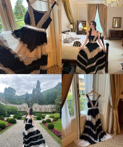 Black Ribbon Socialite Style Lace Splicing Dress - Women's Sling Dress in Light Luxury for Elegant Occasions