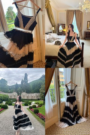 Black Ribbon Socialite Style Lace Splicing Dress - Women's Sling Dress in Light Luxury for Elegant Occasions