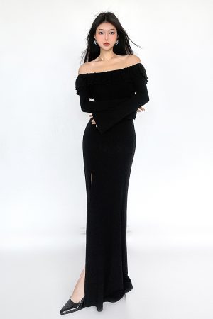 Black Ruffled One-Shoulder Long Sleeve Dress with Fishbone Design - Waist-Cinching Split Skirt for Spring & Autumn 2025