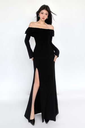 Black Ruffled One-Shoulder Long Sleeve Dress with Fishbone Design - Waist-Cinching Split Skirt for Spring & Autumn 2025