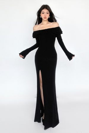Black Ruffled One-Shoulder Long Sleeve Dress with Fishbone Design - Waist-Cinching Split Skirt for Spring & Autumn 2025