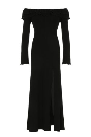 Black Ruffled One-Shoulder Long Sleeve Dress with Fishbone Design - Waist-Cinching Split Skirt for Spring & Autumn 2025
