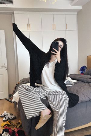 Black Sheer Long Sleeve Cardigan for Women, Lightweight Summer Outerwear, Loose Fit Breathable Air Conditioning Jacket