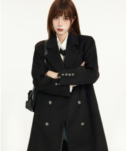 Black Shoulder-Padded Woolen Coat for Petite Women - 2025 Spring Slim Fit with High-End Feel