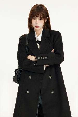 Black Shoulder-Padded Woolen Coat for Petite Women - 2025 Spring Slim Fit with High-End Feel