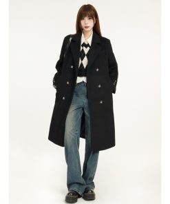 Black Shoulder-Padded Woolen Coat for Petite Women - 2025 Spring Slim Fit with High-End Feel