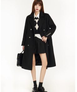 Black Shoulder-Padded Woolen Coat for Petite Women - 2025 Spring Slim Fit with High-End Feel