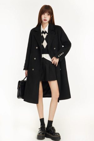 Black Shoulder-Padded Woolen Coat for Petite Women - 2025 Spring Slim Fit with High-End Feel