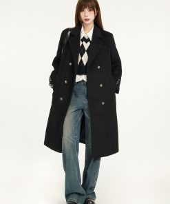 Black Shoulder-Padded Woolen Coat for Petite Women - 2025 Spring Slim Fit with High-End Feel