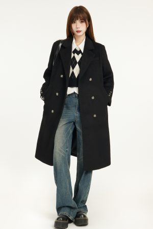 Black Shoulder-Padded Woolen Coat for Petite Women - 2025 Spring Slim Fit with High-End Feel