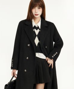 Black Shoulder-Padded Woolen Coat for Petite Women - 2025 Spring Slim Fit with High-End Feel