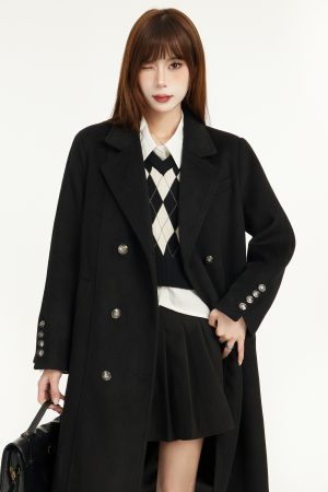 Black Shoulder-Padded Woolen Coat for Petite Women - 2025 Spring Slim Fit with High-End Feel