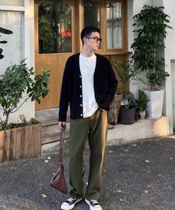 Black Slim-Fit Long Sleeve Cardigan for Men - 2025 Autumn Loose Knit Jacket, Trendy Casual Layering Piece