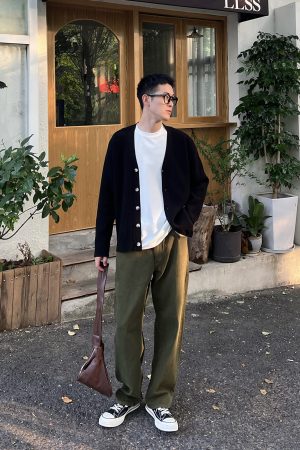 Black Slim-Fit Long Sleeve Cardigan for Men - 2025 Autumn Loose Knit Jacket, Trendy Casual Layering Piece