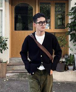 Black Slim-Fit Long Sleeve Cardigan for Men - 2025 Autumn Loose Knit Jacket, Trendy Casual Layering Piece