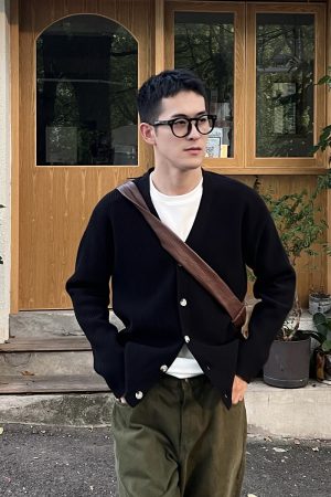 Black Slim-Fit Long Sleeve Cardigan for Men - 2025 Autumn Loose Knit Jacket, Trendy Casual Layering Piece