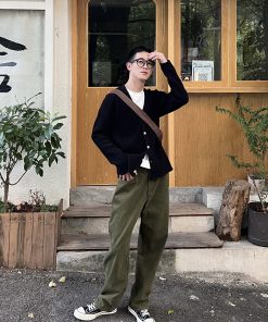 Black Slim-Fit Long Sleeve Cardigan for Men - 2025 Autumn Loose Knit Jacket, Trendy Casual Layering Piece