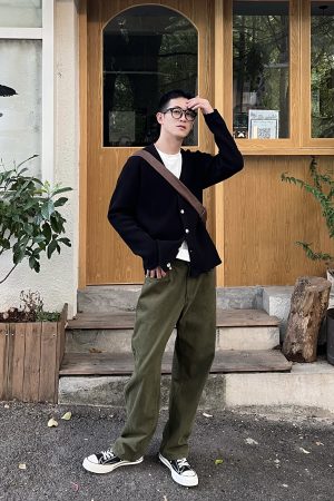 Black Slim-Fit Long Sleeve Cardigan for Men - 2025 Autumn Loose Knit Jacket, Trendy Casual Layering Piece