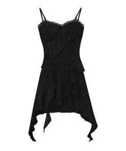 Black Spaghetti Strap Dress for Women - French Style, Waist-Cinching, Irregular Ruffled Short Skirt, Summer Fashion Essential