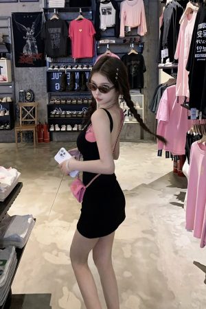 Black Spicy Girl Tank Dress with Waist Design, Unique Slim Fit Bodycon Mini Dress for Stylish Looks