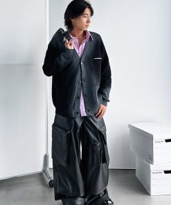 Black Spray Dye Logo Knitted Cardigan with Roaring Beast Design - Trendy Y2K Fashion for Stylish Layering