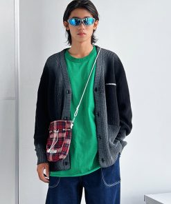 Black Spray Dye Logo Knitted Cardigan with Roaring Beast Design - Trendy Y2K Fashion for Stylish Layering