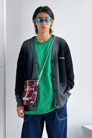 Black Spray Dye Logo Knitted Cardigan with Roaring Beast Design - Trendy Y2K Fashion for Stylish Layering