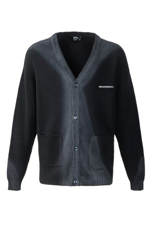 Black Spray Dye Logo Knitted Cardigan with Roaring Beast Design - Trendy Y2K Fashion for Stylish Layering