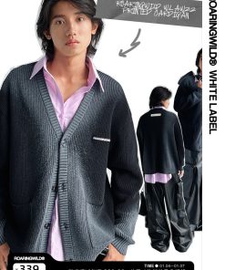Black Spray Dye Logo Knitted Cardigan with Roaring Beast Design - Trendy Y2K Fashion for Stylish Layering