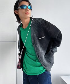 Black Spray Dye Logo Knitted Cardigan with Roaring Beast Design - Trendy Y2K Fashion for Stylish Layering